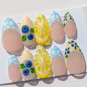 Blueberry Lemon Press-On Nails | 3D Fruit Nail Design | Summer Nails | Handmade